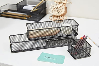 Annova Mesh Stackable Drawer Cabinet and Shelf Organizer Bins Storage Basket School Office Supply Holder Tray- Set of 2 (Black, 3x12x2 Inch)