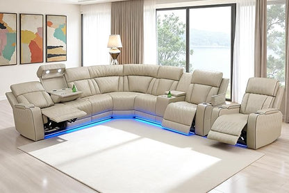 Leather Power Recliner Sectional Sofa, Power Sectional Sofa and Chair, Brown Recliner Couch Sets with LED, Read Lights, USB Charging, Cup Holders, Storage for Living Room/Home/Office/House