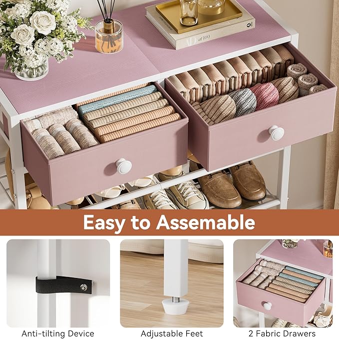 Shoe Rack for Entryway, 5 Tier Shoe Organizer with 2 Non-Woven Drawers, Metal Storage Shoe Shelf for 16-20 Pairs of Shoes, with Wooden Top and Steel Frame, Shoe Stand for Closet Pink