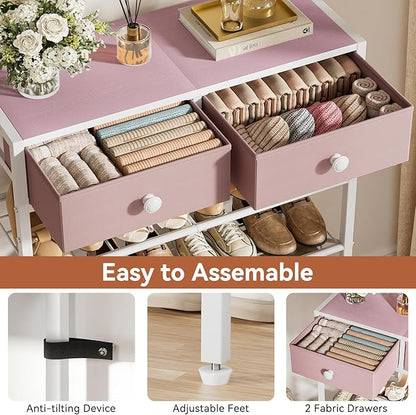 Shoe Rack for Entryway, 5 Tier Shoe Organizer with 2 Non-Woven Drawers, Metal Storage Shoe Shelf for 16-20 Pairs of Shoes, with Wooden Top and Steel Frame, Shoe Stand for Closet Pink