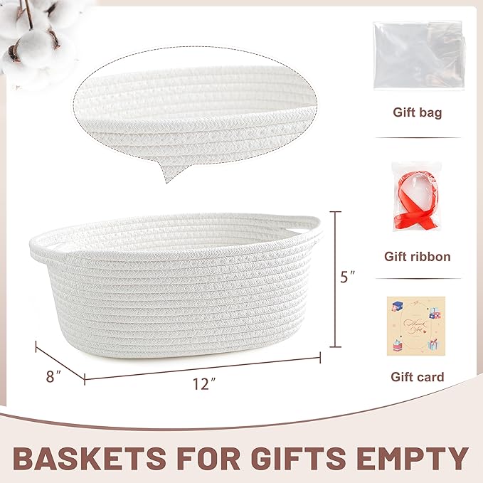 Small Woven Basket Gift For Empty,Easter basket With Ribbons and Bags, Durable Cute Gifts 12"X 8" X 5"Small Rope Basket for Gifting,White