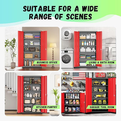 SUNCROWN 72" Metal Storage Cabinet - Heavy-Duty Metal Garage Cabinet with 4 Adjustable Shelves & 2 Doors for Tools, Office, Home, Workshop,Black & Red