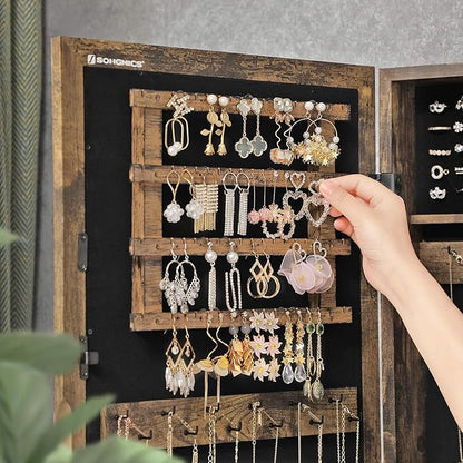 SONGMICS Lockable Jewelry Cabinet Armoire with Mirror, Wall-Mounted Space Saving Jewelry Storage Organizer, Rustic Brown UJJC051K01