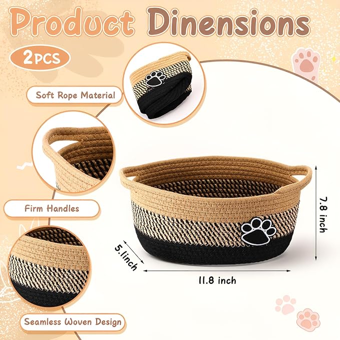 2 Pcs Dog Toy Basket Gift Baskets for Organizing Woven Organizers Cat Toy Bin Cute Dog Paw Rope Storage Organizer with Handle, Cat Holder Container 11.8 x 7.8 x 5.1 Inch