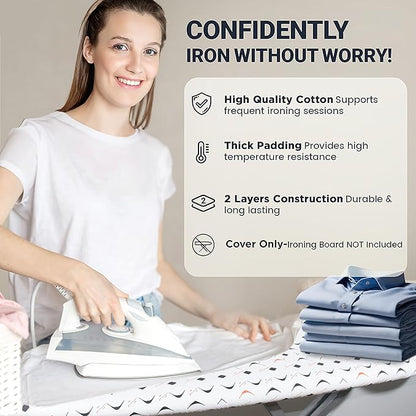 Ironing Board Cover and Pad 15"x54" Extra Thick Natural Cotton, Scorch and Stain Resistant Padding, Standard Size Iron Board Cover with Fasteners Heavy Duty Elastic Edge, Heatproof Boomerang