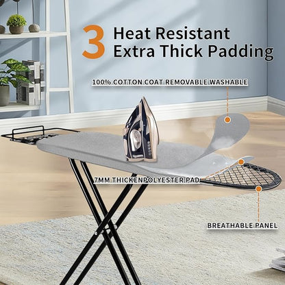 Ironing Board, 43x14 Inch Iron Board with Steam Rest, Heavy Duty Metal Frame Legs Ironing Table with Heat Resistant Cover Mat, Foldable Full Size Hanger Ironing Stand (Grey, 52" L x 14" W x 34.6" H)