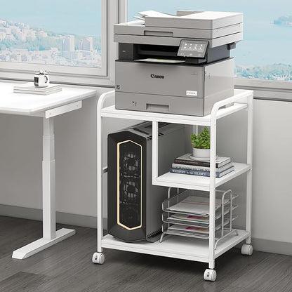 Large Printer Stand Table with Storage Shelf for Host Computer, PC Tower, CPU and Shredder, 3 Tier Rolling Printer Cart with Wheels for Home Office Storage and Organization - White