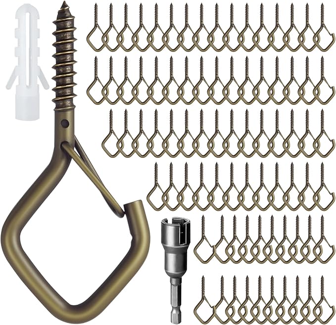 80 Pcs Outdoor Hooks for String Lights,Screw Hooks for Hanging Plants,Ceiling Hooks with Safety Buckle,Square Hanger for Wind Chimes,Bird Feeder,Lanterns,Christmas Decorations Bronze