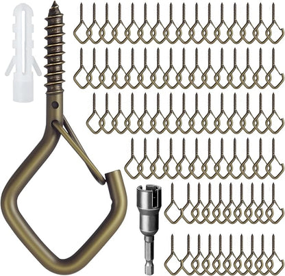 80 Pcs Outdoor Hooks for String Lights,Screw Hooks for Hanging Plants,Ceiling Hooks with Safety Buckle,Square Hanger for Wind Chimes,Bird Feeder,Lanterns,Christmas Decorations Bronze