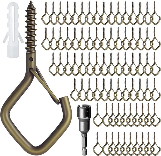 80 Pcs Outdoor Hooks for String Lights,Screw Hooks for Hanging Plants,Ceiling Hooks with Safety Buckle,Square Hanger for Wind Chimes,Bird Feeder,Lanterns,Christmas Decorations Bronze