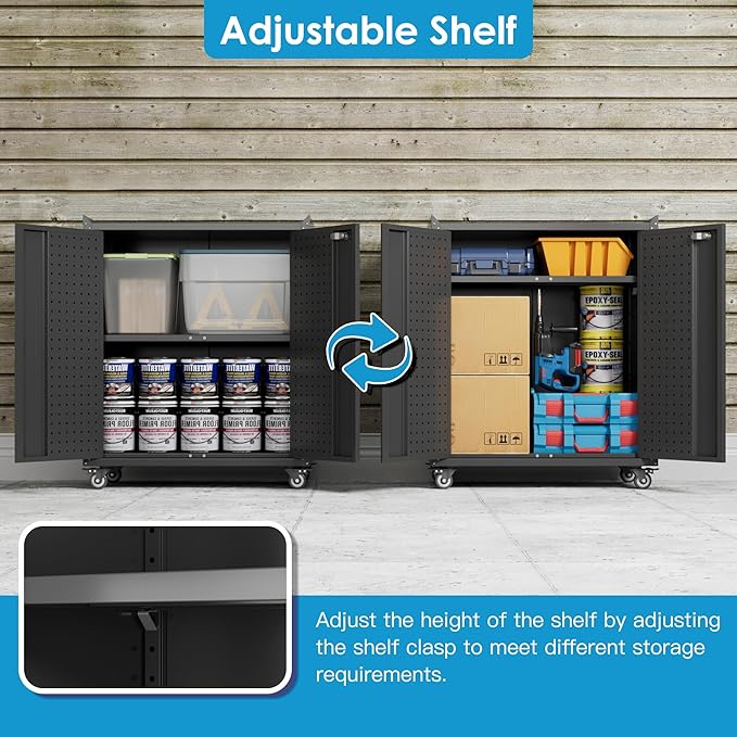 Aobabo 31.5" H Garage Storage Cabinet with Wheels,Lockable Metal Storage Cabinet with 2 Doors for Garage Home Office Storage,Black,Assembly Required