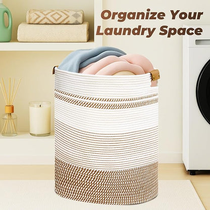 Laundry Basket with Handles - Blanket Basket & Hampers for Bedroom Aesthetic, Laundry Hamper & Blanket Storage for Living Room, Clothes Hamper, Tall, Large 17" x 14" x 22”, Brown & White