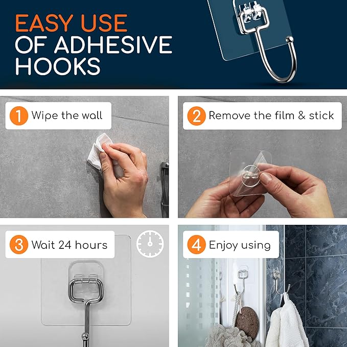 GLUIT Adhesive Wall Hooks for Hanging Heavy Duty 22 lbs Hooks for Walls No Drill, Towel Sticky Clear Hook, Waterproof, Home, Bathroom, Kitchen, Office, and Outdoor 6 Pack