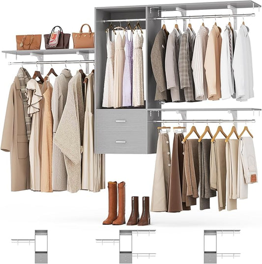 Wood Closet System, 4-8ft Closet Organizer System with 2 Wooden Drawers, Walk-in Wardrobe Clothes Rack with 4 Hanging Rods for Bedroom,Living Room,Grey