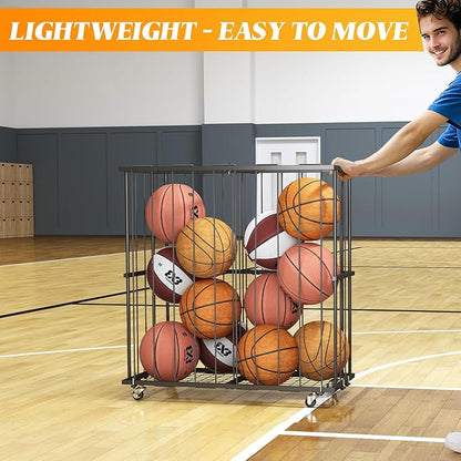Large Garage Ball Storage, Rolling Floor Sports Equipment Organizer: Freestanding Ball Rack with Elastic Rope–, Ball Holder for Basketball, Soccer, Football, Volleyball, Garage, Gym, Black