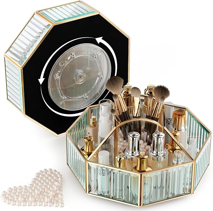 360° Rotating Makeup Organizer Spinning Vanity Organizer with Makeup Brush Holder for Countertop, Bathroom Storage, Skincare, Perfume & Cosmetic Organizer for Vanity