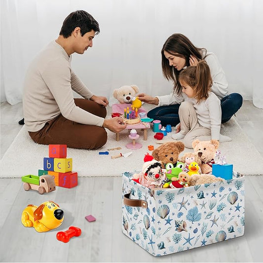 Sea Shells Starfish Rectangle Storage Basket - Ocean Themed Collection Collapsible Storage Baskets with Handles - Ocean Conch Pattern Storages Bin for Kids Clothes, Gifts, Books, Toys