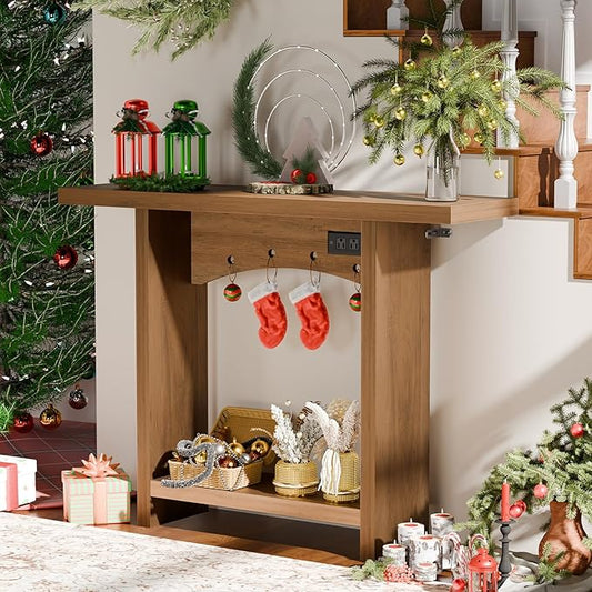 43" Console Table with Charging Station, Farmhouse Entryway Table, Entryway Table with Storage for Living Room or Foyer, Sofa Table for Hallway with Anti-Tip, Easy Assembly, Brown