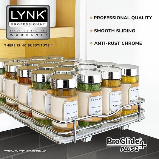 LYNK PROFESSIONAL® Pull Out Spice Rack Organizer for Inside Kitchen Cabinets - 8-3/8 inch Wide - Slide Out Drawer – Chrome Sliding Spice Organization for cabinet - Spice Racks - 1 Tier