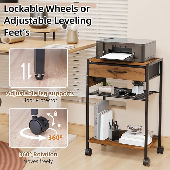 3-Tier Printer Stand with Charging Station, Wood & Metal Printer Table with Storage Drawer for Home Office, Rolling Printer Cart with AC, USB, C-Type Port and Wheels