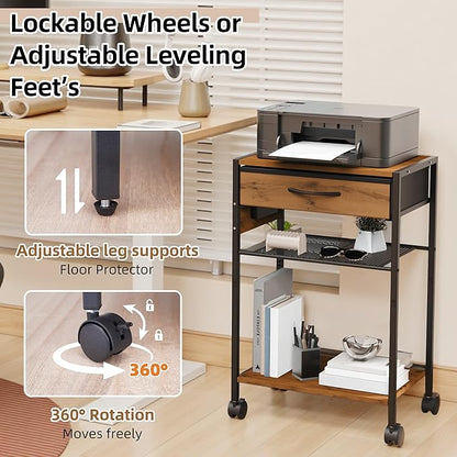 3-Tier Printer Stand with Charging Station, Wood & Metal Printer Table with Storage Drawer for Home Office, Rolling Printer Cart with AC, USB, C-Type Port and Wheels