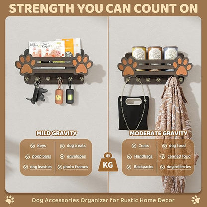MTERSN Decorative Dog Leash Holder for Wall - Cute Dog Accessories Organizer with Floating Shelf & 6 Key Hooks – Key Holder Wall Mount for Cute Stuff and Farmhouse Decor (Dark Brown)