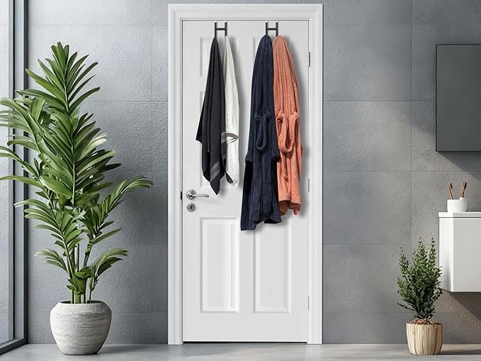 Over the Door Twin Metal Hooks with Plastic Coating 5.5" Fit 0.5" to 1 3/8" Door 2 Sets Heavy Duty Towel Robe Rack Wreath Bathroom Shower Hanger Shoe Organizer Ironing Board Short Black