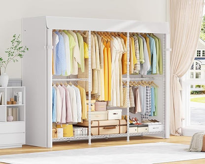 E14C Pro Heavy Duty Closet Organizer System，Freestanding Clothing Racks for Hanging Clothes，Adjustable Garment Rack 70.1"W × 16.6"D × 76.4"H Hold 960 lbs，White Rack with White Dustproof Cover