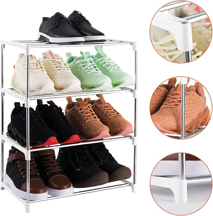 Xerhnan 4-Tier Stackable Small Shoe Rack, Lightweight Shoe Shelf Storage Organizer for Entryway, Hallway and Closet(White)