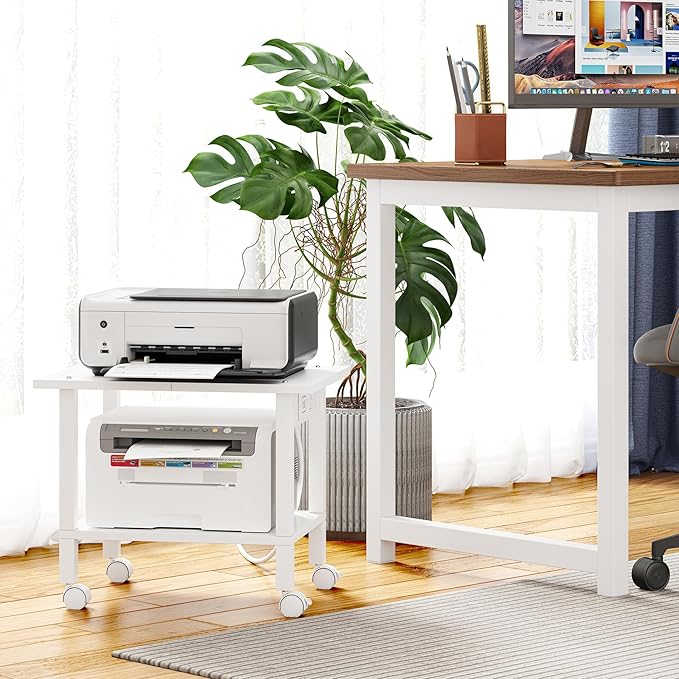 TUTOTAK 2 Tier Printer Stand, Rolling Printer Cart with Power Outlets and USB Ports, Mobile Printer Table with Wheels, for Under Desk, Office, Home, White PS01BW001P