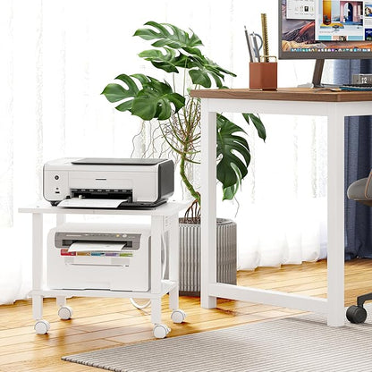 TUTOTAK 2 Tier Printer Stand, Rolling Printer Cart with Power Outlets and USB Ports, Mobile Printer Table with Wheels, for Under Desk, Office, Home, White PS01BW001P