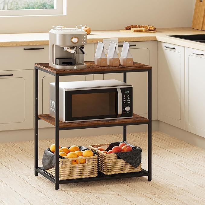 Kitchen Island with 3 Shelves, Kitchen Shelf with Large Workstation, Bakers Rack, Workbench, Metal Frame, Rustic Brown and Black