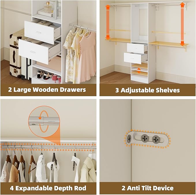Closet System, 4Ft-9Ft Closet Organizer System With 2 Wooden Drawers, Walk-In Closet Storage System With 5 Expandable Hanging Rods, Adjustable Cloth Garment Rack from 4 to 9FT, White