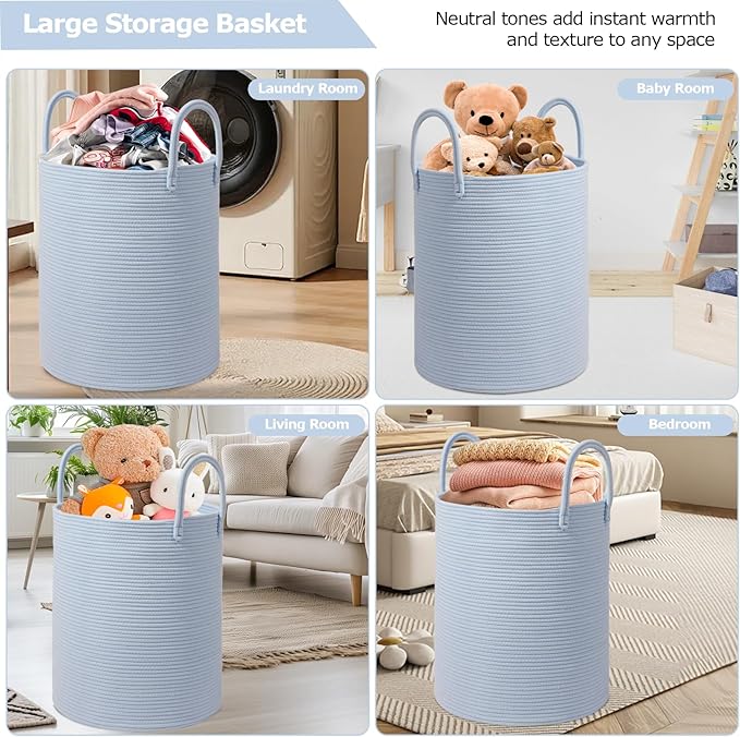 Large Woven Laundry Basket Hamper,60L Cotton Rope Storage Basket for Blankets in living room,Decorative Tall Nursery Hamper for Toys and Clothes,Baby Basket,Blue