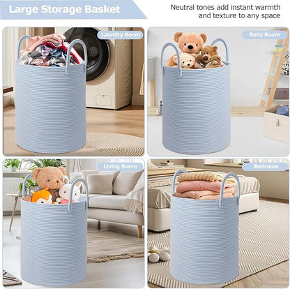 Large Woven Laundry Basket Hamper,60L Cotton Rope Storage Basket for Blankets in living room,Decorative Tall Nursery Hamper for Toys and Clothes,Baby Basket,Blue
