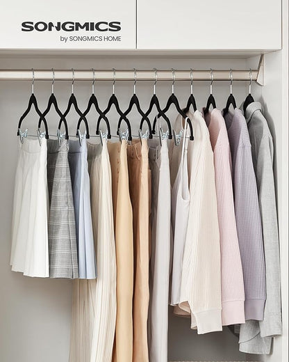 SONGMICS 20-Pack Pants Hangers, 16.7-Inch Long Velvet Hangers with Adjustable Clips, Heavy-Duty, Non-Slip Skirt Hangers, Space-Saving for Pants, Skirts, Coats, Dresses, Black UCRF012B20