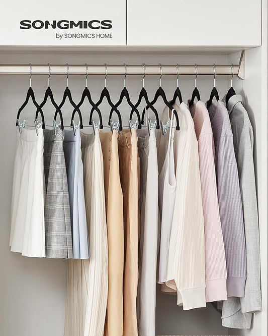 SONGMICS 50-Pack Pants Hangers, 16.7-Inch Long Velvet Hangers with Adjustable Clips, Heavy-Duty, Non-Slip Skirt Hangers, Space-Saving for Pants, Skirts, Coats, Dresses, Black UCRF012B50