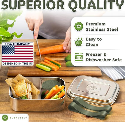 Everusely - Bento Box - Sage, 47oz / 1.4 L - Large Stainless Steel Lunch Box with Leakproof Condiment Container - 3 Compartment Snack Organizer for On the Go Meals - Freezer & Dishwasher Safe