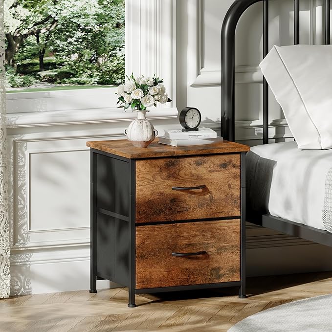 Somdot Nightstand Set of 2 with 2 Storage Drawers, Small Bedside Table End Table, Wooden Top Fabric Cabinet for Bedroom, Kids Closet, College Dorm, Entryway, Wood Grain Print