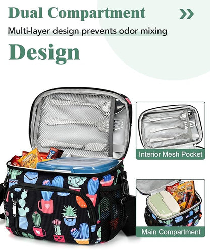 Insulated Lunch Bag for Men & Women, 9L Leakproof Lunch Box Soft Cooler Tote with 5 Pockets, 600D Oxford, EVA Lining, Adjustable Strap for Work, Picnic, Beach&Travel-Corduroy Cactus