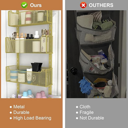 Over The Door Organizer, Metal Door Organizer Hanging with 5 Adjustable Baskets and Coat Hook, Behind The Door Storage for Bedroom Closet Bathroom Pantry Cabinet Kitchen, Gold