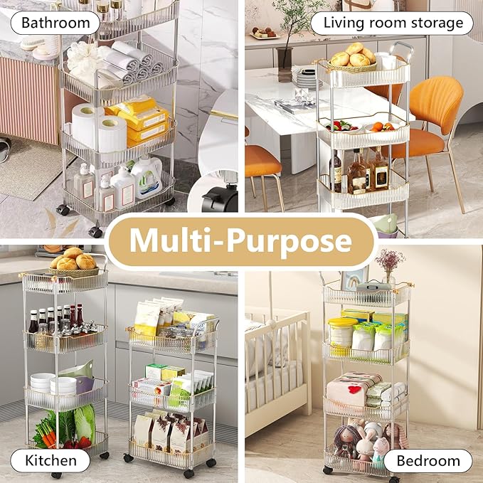 4-Tier Acrylic Rolling Storage Cart, Rolling Utility Cart, Kitchen Storage Cart with Wheels for Bathroom,Living Room, Kithcen, Office Storage and Organization (14''X10''X37'')(Clear)
