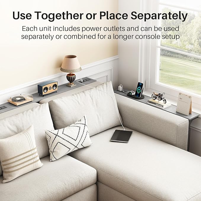 Kitstorack 2-Pack Dark Gray Console Table, 7.9" Deep Panel, Adjustable Height (25"-33") & with 2 Power Outlets, Behind Sofa Couch Table, Use Together or Separately, 79" L