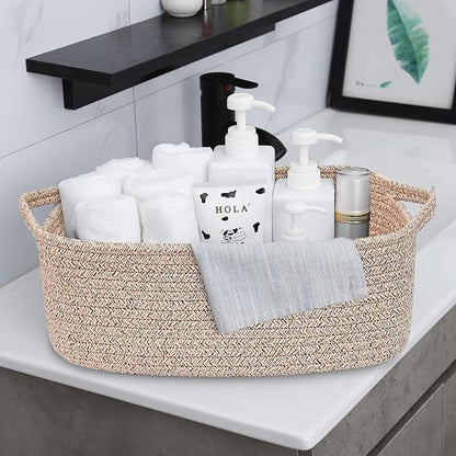 ABenkle Small Storage Basket with Handles, Cotton Rope Woven Dog Cat Toy Bin, Decorative Shelves Closet Organizing for Nursery Laundry Bedroom Bathroom, 14.2''x 11''x 5.1''