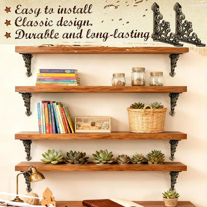 Blulu 4 Pack Antique Style Cast Iron Shelf Brackets Decorative Brackets 3 7/8" x 3 7/8" Wall Mount Shelving Bracket Heavy Duty Victorian Style Shelf(Antique Brass)