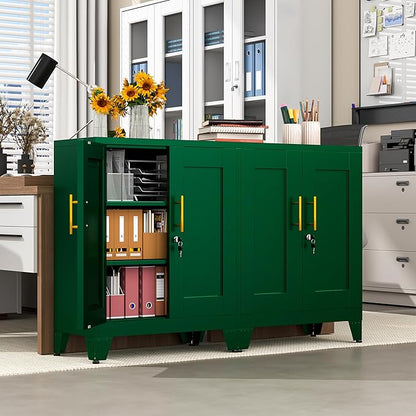 36" Tall Metal Storage Cabinet with Lock, File Cabinet with 2 Doors and 2 Adjustable Shelves, Green Bathroom Floor Storage Cabinets, Freestanding Small Locked Cabinets for Home/Office/Garage