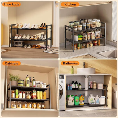 Under Sink Organizer and Storage 16.5"-30.7" Expandable Length, Adjustable Height Max 16.7" Under Sink Shelf 2 Tier with Removable ABS Panels Metal Frame for Bathroom Kitchen Pantry Cabitnet Pot Pan