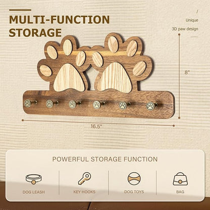 MTERSN Cute Dog Leash Holder for Wall - Dog Stuff Organizer & Key Holder Wall Mount with Floating Shelf and 6 Hooks for Room Decor - Retro Style Gift for Apartment Essentials (Acacia Wood)