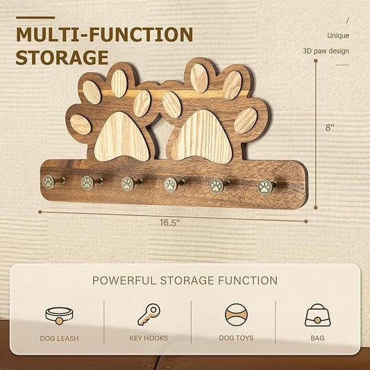 MTERSN Cute Dog Leash Holder for Wall - Dog Stuff Organizer & Key Holder Wall Mount with Floating Shelf and 6 Hooks for Room Decor - Retro Style Gift for Apartment Essentials (Acacia Wood)