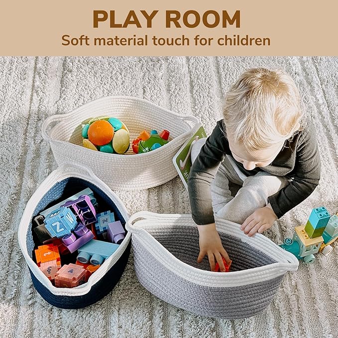 Goodpick White Baby Laundry Basket with Handles, Cute Cotton Rope Baskets for Toys, Small Basket for Organizing Gifts,Snacks,Woven Storage Baskets for Bathroom, 12"x 8" x 5"